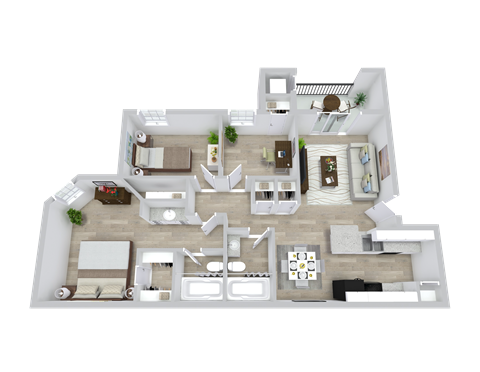 A 3D floor plan of a house with multiple rooms and furniture.